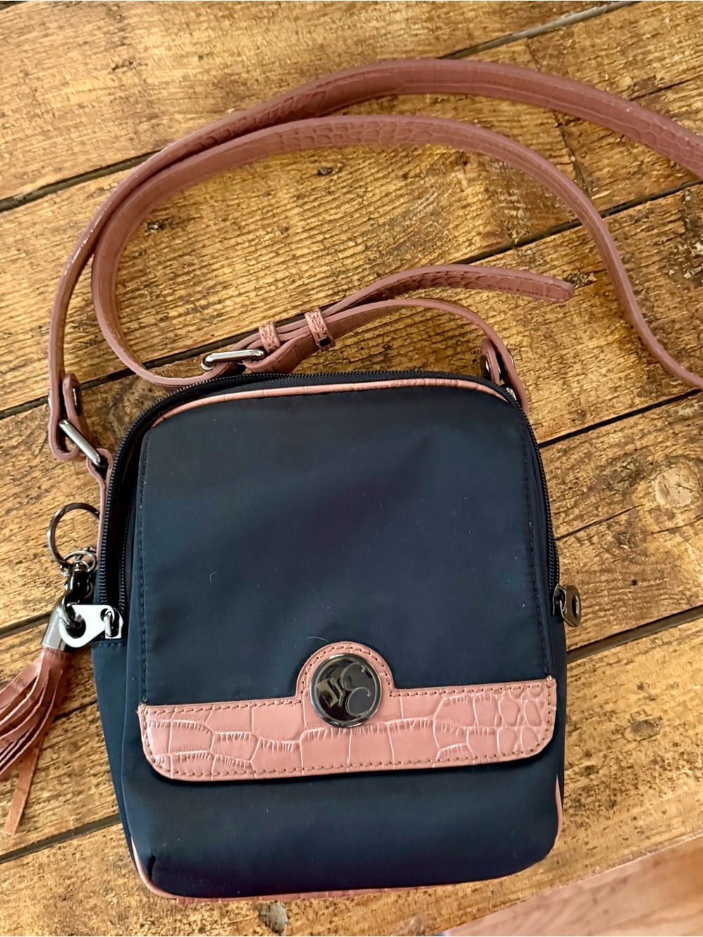 Black and Tan Leather-Trim Crossbody Bag